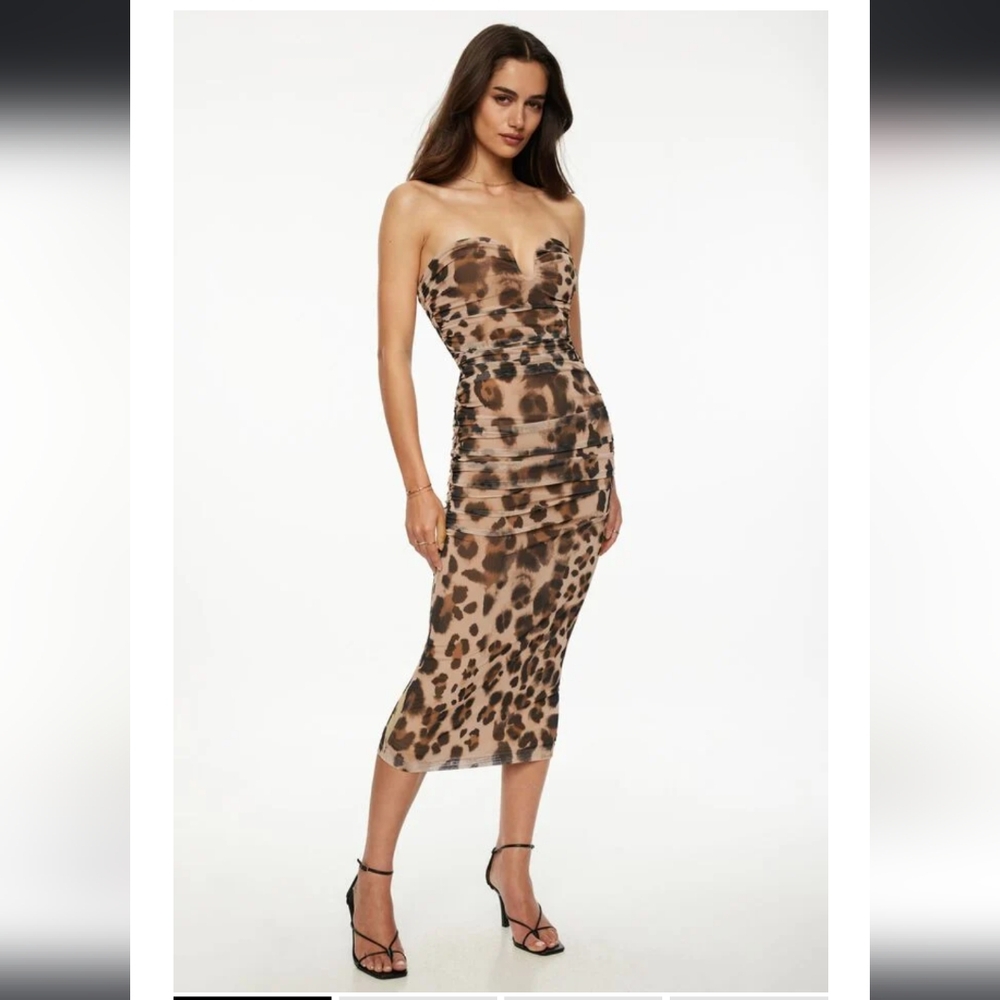 Dynamite Beige and Brown Leopard Print Strapless Maxi Dress